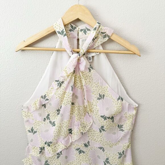 TED BAKER | Suttonn Yellow Lavender Floral Ruffle Sleeveless Dress | 4, US 10 - Picture 3 of 12